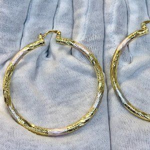New 18K Tri-Tone Twisted Nugget Hoop Earrings